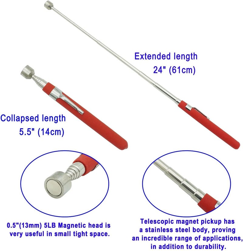 VASTOOLS Telescopic Magnetic Pickup Tool,5LB Magnet Stick,24" Extendable Magnet with Pocket Clip - Image 2